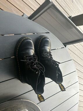 Dr. Martens Black Leather 8-Eye Lace-Up Boots with Yellow Stitching